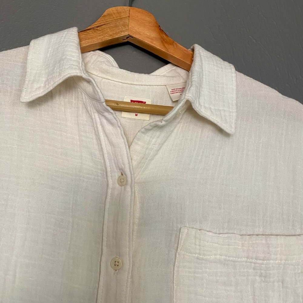 Darlene Short-Sleeve Button Down Shirt Cotton Gauze Cream Size M - Picture 6 of 7